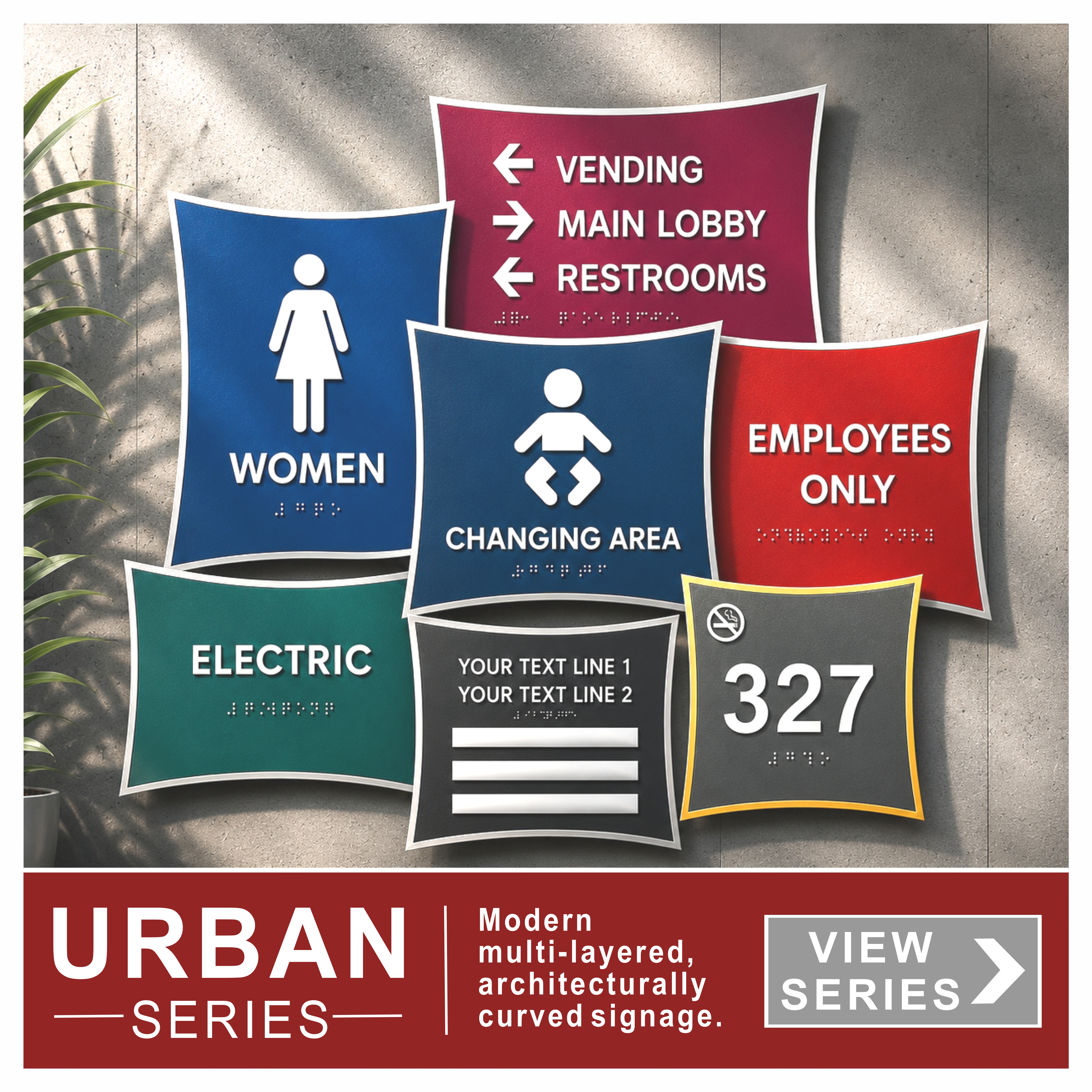 Urban Series ADA braille signs with contemporary accents.